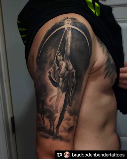 Explore men tattoo sleeve ideas, creative tattoo ideas in Bryan, available at The Blackest Crow Tattoo Studio