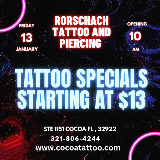 Explore mens sleeve tattoo idea, creative tattoo ideas in Cocoa, available at Rorschach Tattoo Shop and Piercing Studio