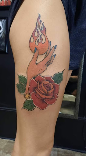 Explore mens color sleeve tattoo ideas, creative tattoo ideas in Sunbury, available at Knuckles & Needles Tattoo Parlor