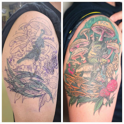 Explore gangster sleeve tattoo ideas, creative tattoo ideas in Syracuse, available at Anchor Down Tattoo Company