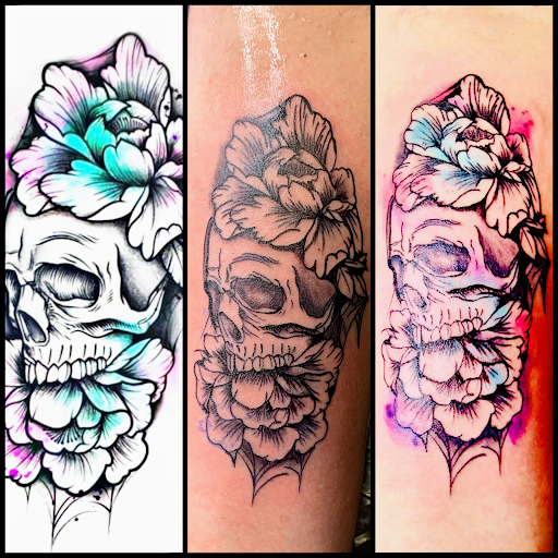 Explore lower arm half sleeve tattoo ideas, creative tattoo ideas in Lake City, available at Crooked Spines Tattoo Studio