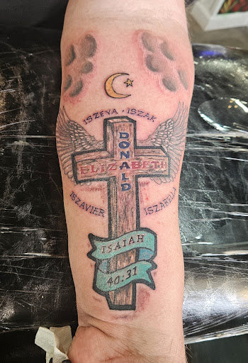 Explore stained glass tattoo ideas, creative tattoo ideas in Hampton, available at Foley Inkd Tattoo Studio