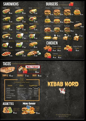 menu du restaurants Kebab nord à Béthune