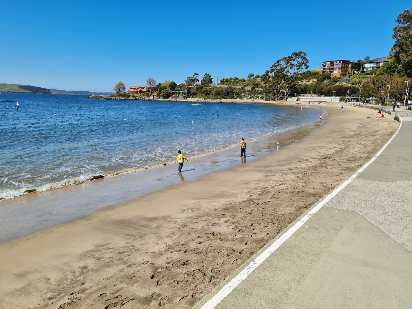 Fotografie cu Long Beach Sandy Bay cu o suprafață de nisip strălucitor