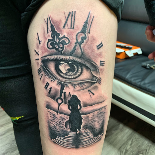 Explore angel tattoo sleeve ideas, creative tattoo ideas in Inman, available at The Tat Cave