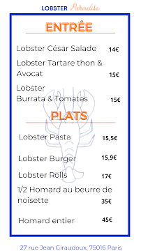 Menu du Lobster Paradise 🦞 à Paris