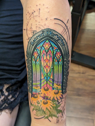 Explore chest to arm tattoo ideas, creative tattoo ideas in Cary, available at Apocalypse Girl Tattoos