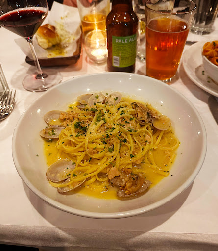 Clam Linguine. Linguine, fresh clams, chopped clams, garlic, pecorino cheese, choice of white wine sauce or marinara