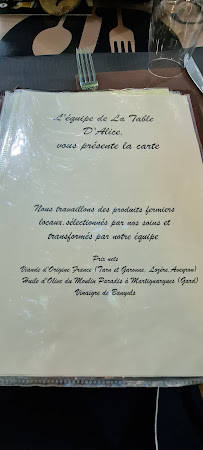 Restaurant français La table d'Alice à Caussade (le menu)