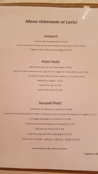 Restaurant Ai Larici à Castello Tesino (le menu)