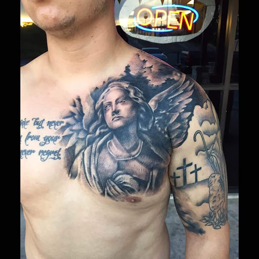 Explore old english tattoo ideas, creative tattoo ideas in San Antonio, available at Firme Copias Tattoo Studio