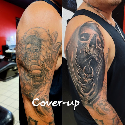 Explore shoulder flower tattoo ideas, creative tattoo ideas in Hereford, available at Slow Pain Tattoo Body Art Studio