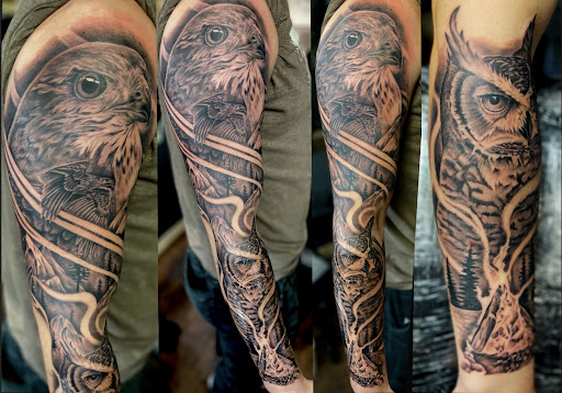 Explore above knee tattoo ideas, creative tattoo ideas in Morrisville, available at Foreverly Inked