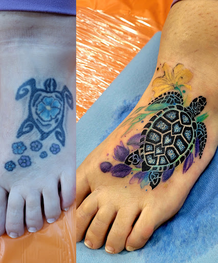 Explore oni mask tattoo ideas, creative tattoo ideas in Benton, available at Spectrum Tattoo