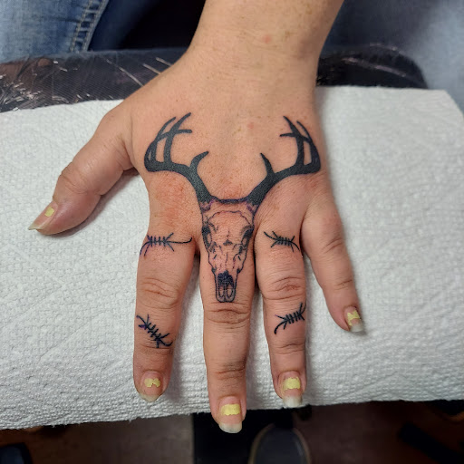 Explore wolf sleeve tattoo ideas, creative tattoo ideas in Weatherford, available at Old Souls Ink