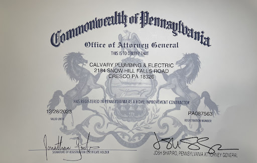 Plumber «Calvary Plumbing & Electric», reviews and photos, 2184 Snow Hill Falls Rd, Cresco, PA 18326, USA