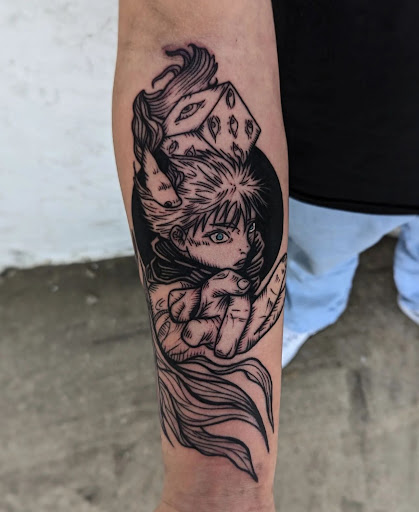 Explore sticker sleeve tattoo ideas, creative tattoo ideas in Dothan, available at Dinosaur Tattoo Company