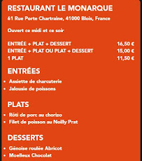 Hotel Restaurant Le Monarque à Blois menu