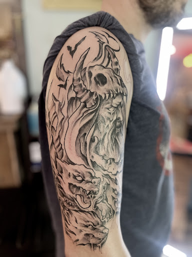 Explore pectoral tattoo ideas, creative tattoo ideas in Hayesville, available at Studio 1891 Ink & Art