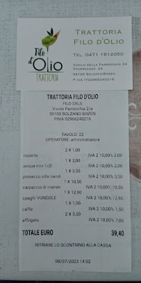 Restaurant Trattoria Filo d'Olio à Bolzano - menu / carte