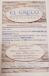 Menu du Restaurant El Greco (Stadiongaststätte am Badesee) à Gundelfingen an der Donau
