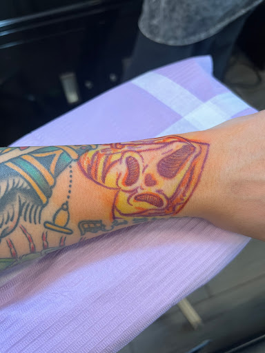 Explore patchwork sleeve tattoo ideas, creative tattoo ideas in Palm Harbor, available at Angry Owl Tattoo and Piercing
