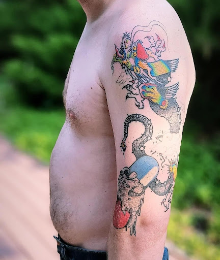 Explore religious sleeve tattoo ideas, creative tattoo ideas in Carbondale, available at Bonedale Tattoo