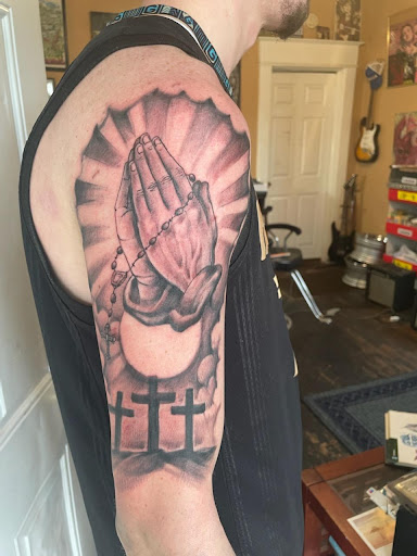 Explore mens religious tattoo ideas, creative tattoo ideas in Roanoke, available at RailYard INK