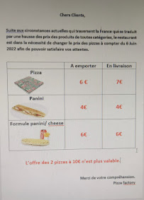 Menu / carte de PIZZA FACTORY à Montataire