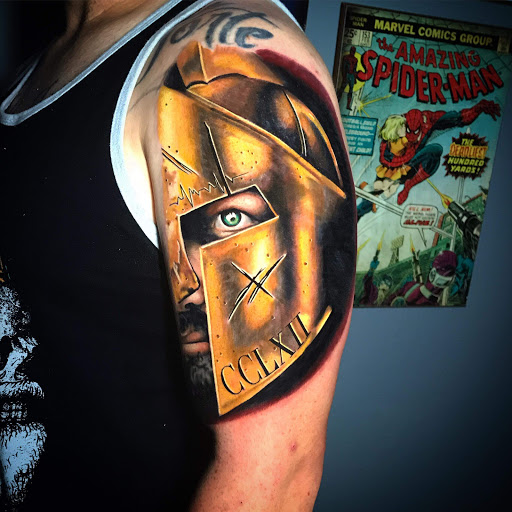 Explore mens color sleeve tattoo ideas, creative tattoo ideas in Forney, available at Supernatural Tattoo Studio