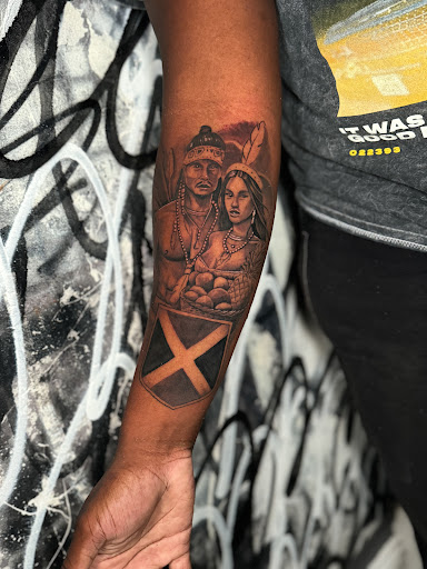 Explore sticker sleeve tattoo ideas, creative tattoo ideas in Baltimore, available at Rippd Canvas Tattoo Shop Artists Social Club