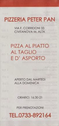 Carte du Pizzeria Peter Pan Di Bettei Mishell à Civitanova Marche