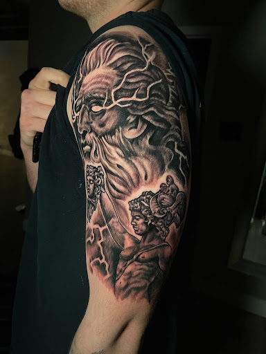 Explore mountain sleeve tattoo ideas, creative tattoo ideas in Harrisburg, available at Capital Tattoo Company