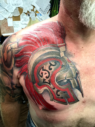 Explore chest cover up tattoo ideas, creative tattoo ideas in New Kensington, available at BLUE HERMIT TATTOO