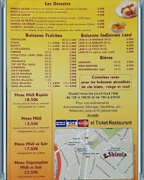 Menu / carte de Shimla à Rosny-sous-Bois