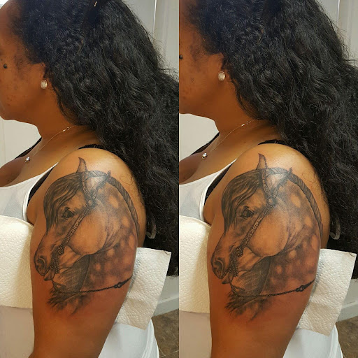 Explore female thigh tattoo ideas, creative tattoo ideas in Albany, available at Tat Jones Ruthless Tattoos L.L.C.