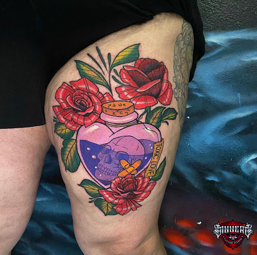 Explore hair stylist tattoo ideas, creative tattoo ideas in Rowlett, available at Sinners Tattoo Studio and Supply