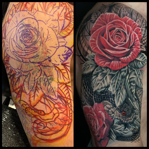 Explore colorful flower tattoo ideas, creative tattoo ideas in Addison, available at Cat Tattoo