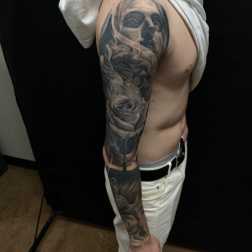 Explore polka trash tattoo ideas, creative tattoo ideas in Oklahoma City, available at Oklahoma Tattoo Collective