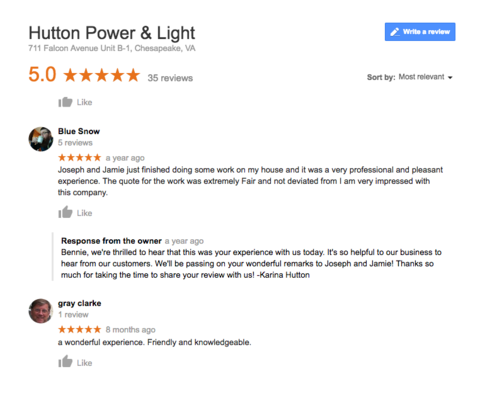 Electrician «Hutton Power & Light», reviews and photos, 5295 Greenwich Rd Ste 110, Virginia Beach, VA 23462, USA