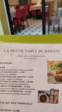 Restaurant vietnamien La Petite Table de Saïgon à Maisons-Alfort (le menu)