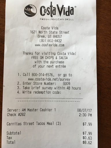 Mexican Restaurant «Costa Vida», reviews and photos, 1621 State St, Orem, UT 84057, USA