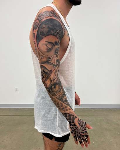 Explore skeleton hand tattoo ideas, creative tattoo ideas in Hutto, available at Upside Tattoo