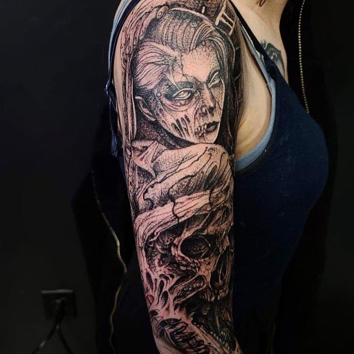 Explore greek tattoo sleeve ideas, creative tattoo ideas in Port Jefferson Station, available at Vamachara Tattoo & Occult Supply