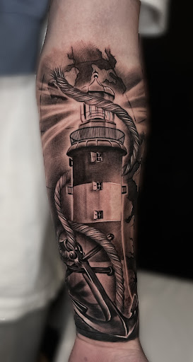 Explore great white shark tattoo ideas, creative tattoo ideas in Corona, available at Crop Circles Tattoo Studio