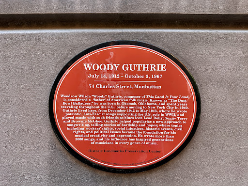 Woody Guthrie Marker, 74 Charles St, New York, NY 10014