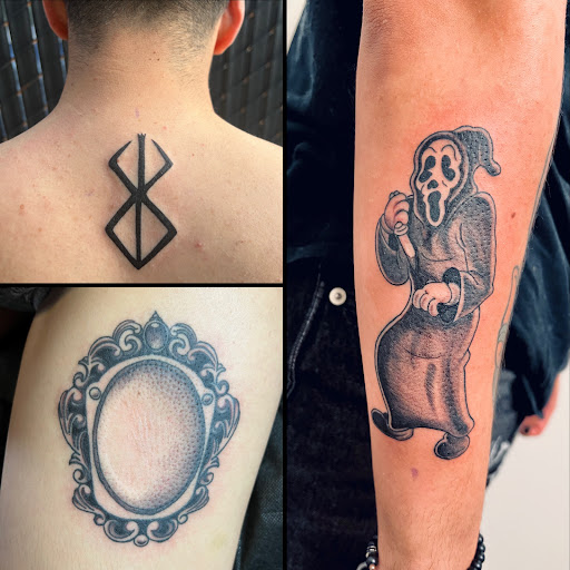 Explore thigh tattoos ideas for guys, creative tattoo ideas in Orange, available at Top Floor Tattoo Studio