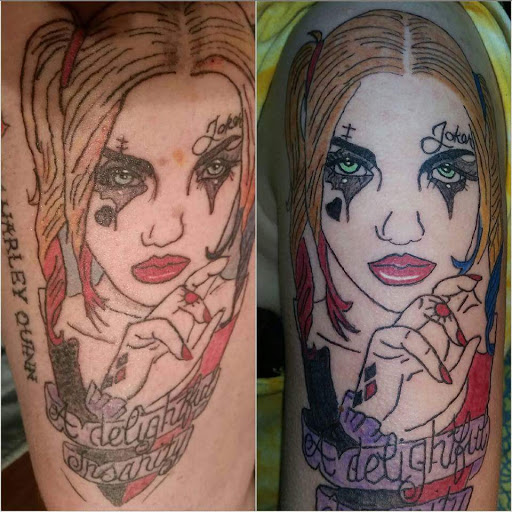 Explore tattoos on the thigh ideas, creative tattoo ideas in Davis, available at SIX GUN SOUND TATTOO