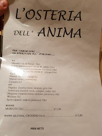 Restaurant italien L'Osteria Dell'Anima à Paris (la carte)