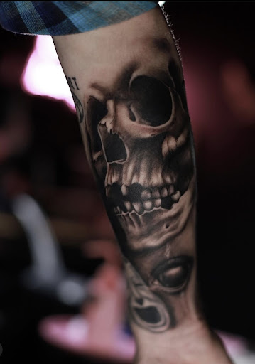 Explore candy skull tattoo ideas, creative tattoo ideas in Manchester, available at Broken Hearts Tattoo Club